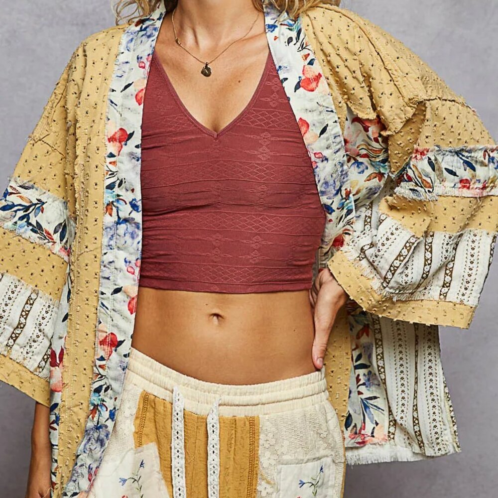 POL Raw Edge Open Front Patchwork Cardigan with Floral Trim